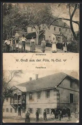 AK Pöls /Obersteiermark, Leute vor dem Stiftshaus, Gasthof und Forsthaus