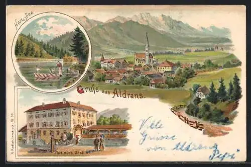 Lithographie Aldrans, Plattner's Gasthof, Herz-See mit Ruderpartie, Panorama