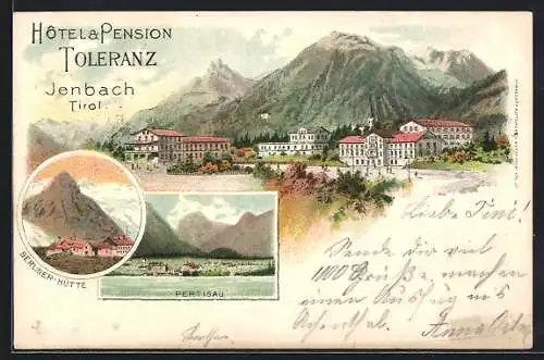 Lithographie Jenbach /Tirol, Hotel & Pension Toleranz, Berliner-Hütte, Pertisau