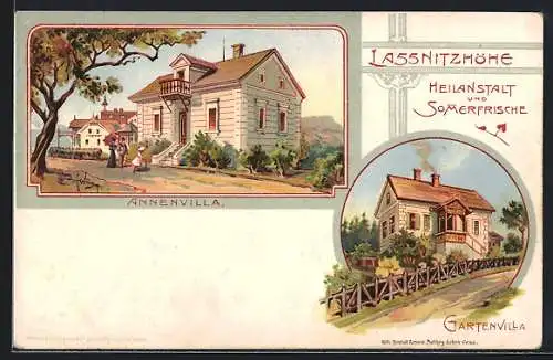 Lithographie Lassnitzhöhe, Annenvilla und Gartenvilla der Heilanstalt
