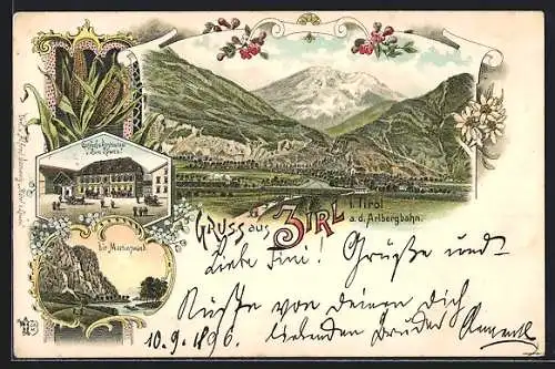 Lithographie Zirl a.d. Arlbergbahn, Gasthof u. Restaurant Zum Löwen, Martinswand, Blick über den Ort zu den Bergen
