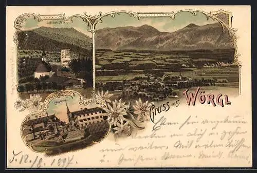 Lithographie Wörgl, Hauptplatz mit Spaziergängern, Schloss Itter, Panorama