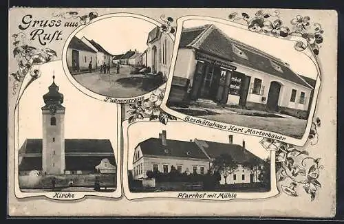 AK Rust, Geschäftshaus Karl Marterbauer, Tullnerstrasse, Pfarrhof mit Mühle, Kirche