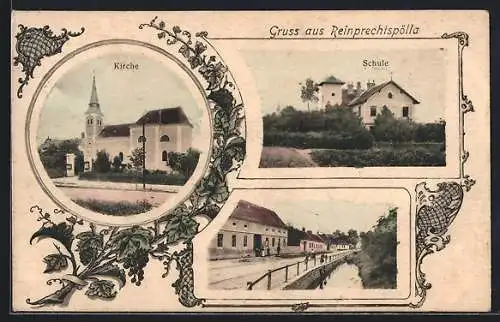 AK Burgschleinitz-Kühnring, Reinprechtspölla, Kirche, Schule, Promenade am Bach