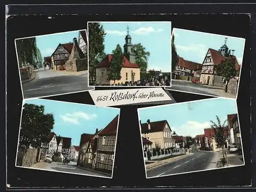 AK Rossdorf über Hanau, Strassenpartie mit Fachwerkhäusern, Kirche mit Friedhof