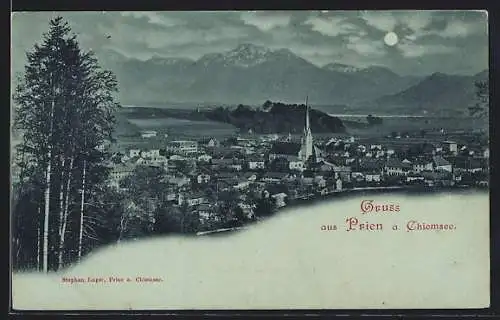 Mondschein-AK Prien a. Chiemsee, Ortsansicht gegen die Berge