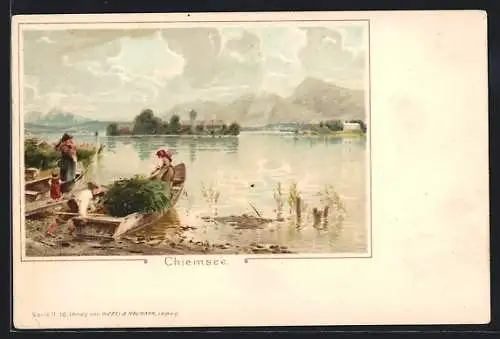 Lithographie Chiemsee, Getreidebauern mit Boot am Steg