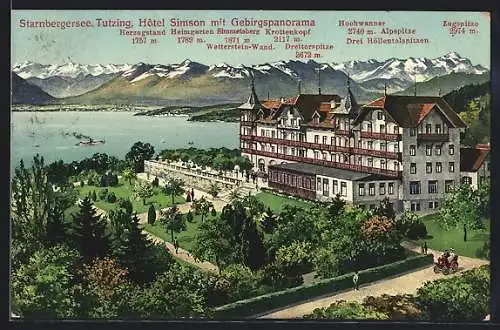 AK Tutzing, Hotel Simson mit Gebirgspanorama am Starnbergersee, Dampfer