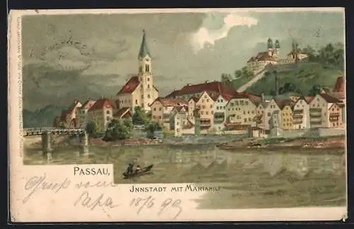 Lithographie Passau, Innstadt mit Mariahilf