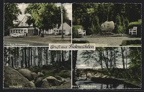 AK Fickmühlen, Gasthaus Zum Bundeskrug, Ehrenmal, Hünengrab, Flussbrücke