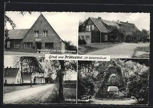 AK Driftsethe, Gaststätte H. Dietrich, Schule, Ehrenmal und Strassenpartie in der Siedlung