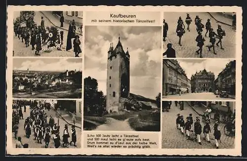 AK Kaufbeuren, Turm und verschiedene Ansichten des historischen Tänzelfestes