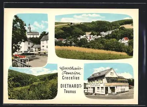 AK Diethardt, Blick zum Ort, Teilansicht, Gasthaus und Pension Crecelius, Inh. E. Meyer