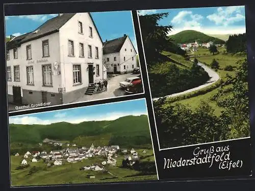 AK Niederstadtfeld /Eifel, Gasthof und Restaurant Grosdidier, Ortsansicht mit Kirche