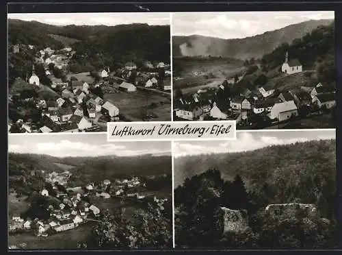 AK Virneburg /Eifel, Ortsansicht mit Kirche und Fachwerkhäusern aus der Vogelschau, Ruine