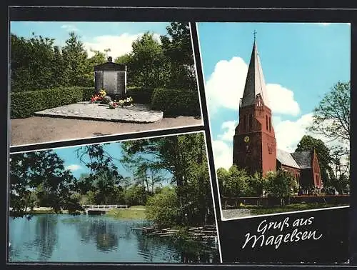 AK Magelsen, Ansicht der Kirche, Gedenkstein, Blick zur Brücke