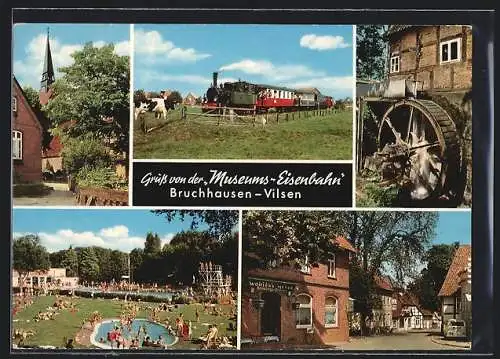 AK Bruchhausen-Vilsen, Ansicht der Museums-Eisenbahn, Mühle, Schwimmbad