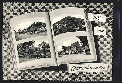 AK Gemünden am Main, Strassenpartie, Blick zur Ruine, Wasserpartie mit Brücke, Abbildungen im offenen Buch