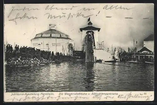 AK Mannheim, Internat. Kunst & Grosse Gartenbau-Jubiläums-Ausstellung 1907, Wasserrutschbahn und Schluchtenpanorama