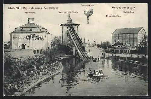 AK Mannheim, Jubiläums-Ausstellung 1907, Fesselballon über der Wasserrutschbahn, Vergnügungspark mit Ballonhaus