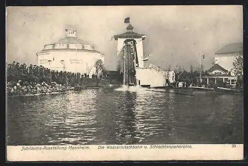 AK Mannheim, Internat. Kunst & Grosse Gartenbau-Jubiläums-Ausstellung 1907, Schluchtenpanorama u. Wasserrutschbahn
