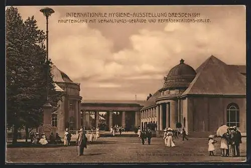 AK Dresden, Internationale Hygiene-Ausstellung 1911, Haupteingang mit Verwaltungsgebäude u. Repräsentationshalle