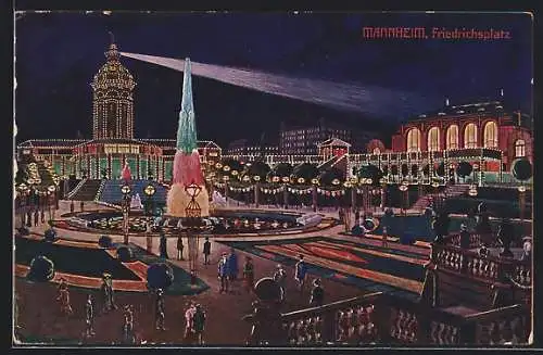 Künstler-AK Mannheim, Jubiläums-Ausstellung 1907, Friedrichsplatz während der grossen Beleuchtung