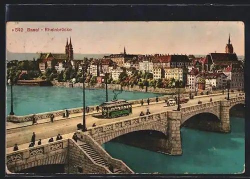 AK Basel, Rheinbrücke und Strassenbahn