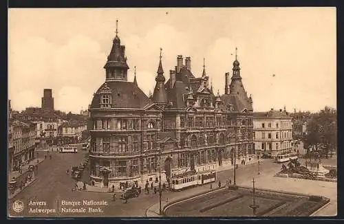 AK Anvers, Banque Nationale, Strassenbahn