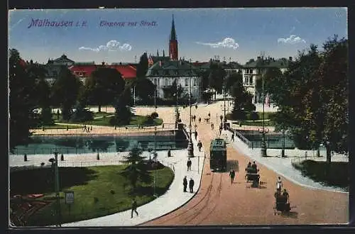 AK Mülhausen, Blick auf den Eingang zur Stadt, Strassenbahn