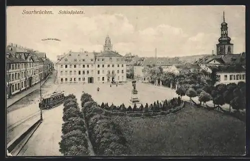 AK Saarbrücken, Schlossplatz mit Strassenbahn