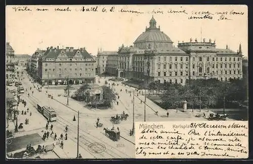 AK München, Strassenbahn auf dem Karlsplatz