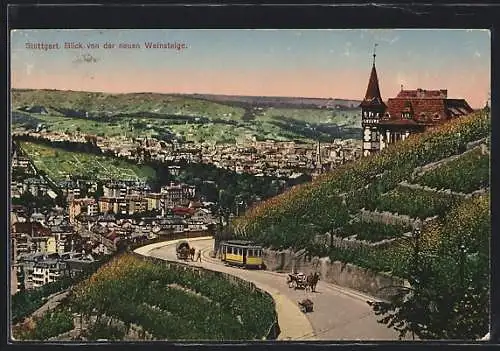 AK Stuttgart, Blick von der neuen Weinsteige, Strassenbahn