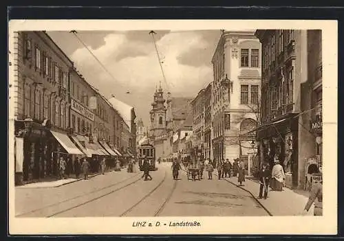 AK Linz a. D., Strassenbahn auf der Landstrasse