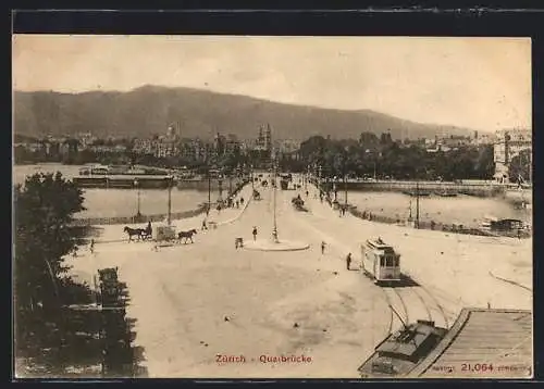 AK Zürich, Quaibrücke mit Strassenbahn