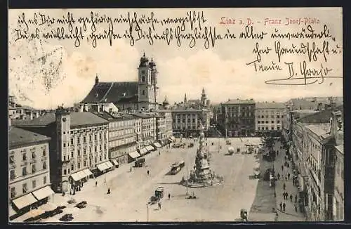 AK Linz a. D., Strassenbahn am Franz Josef-Platz aus der Vogelschau