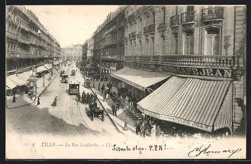 AK Lille, La Rue Faidherbe, Strassenbahn