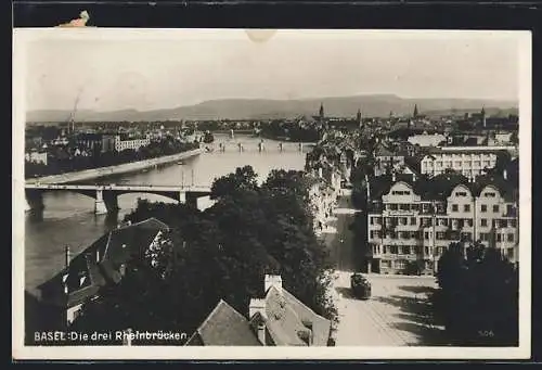 AK Basel, Strassenbahn vor den drei Rheinbrücken