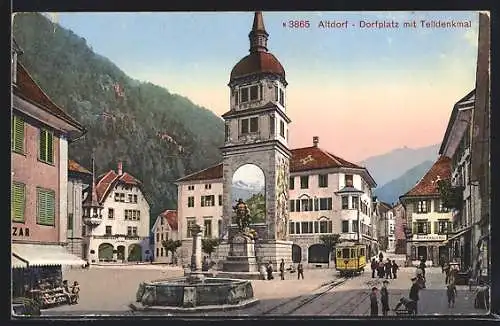 AK Altdorf, Telldenkmal mit Strassenbahn auf dem Dorfplatz