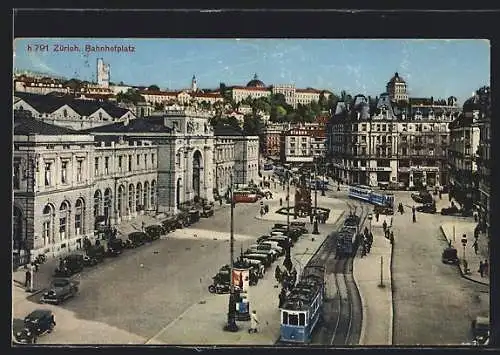 AK Zürich, Strassenbahn am Bahnhofplatz