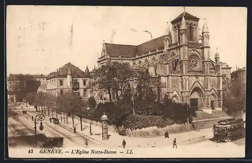 AK Genève, L`Eglise Notre-Dame, Strassenbahn