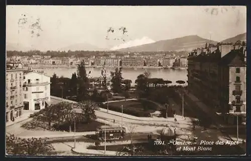 AK Genève, Place des Alpes et Mont Blanc, Strassenbahn