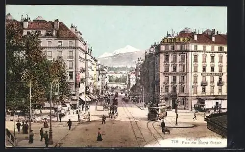 AK Genève, Rue du Mont Blanc, Strassenbahn