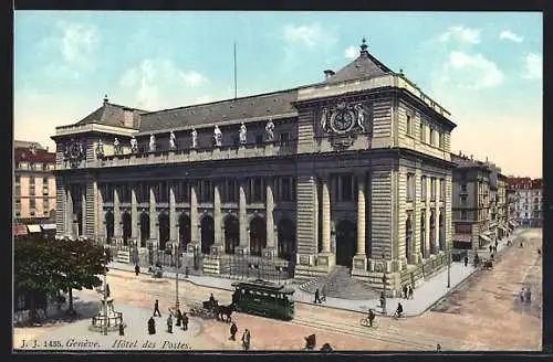 AK Geneve, Strassenbahn vor dem Hotel des Postes