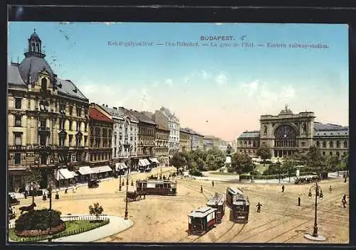 AK Budapest, Strassenbahn am Keleti-palyaudvar, Ost-Bahnhof, Pferdekutsche