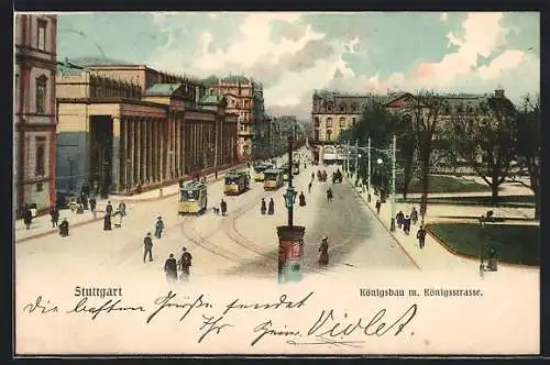 AK Stuttgart, Zahlreiche Strassenbahnen vor dem Königsbau in der Königstrasse