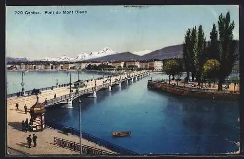 AK Genève, Pont du Mont Blanc, Strassenbahn