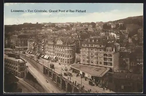 AK Lausanne, Vue Générale, Grand port et Rue Pichard, Strassenbahn