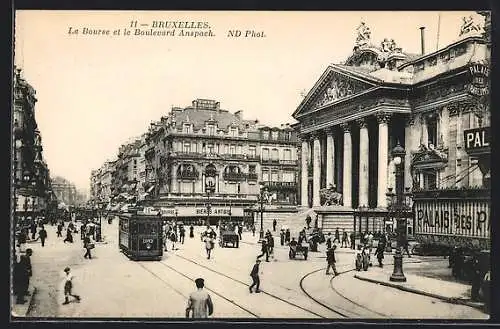 AK Bruxelles, La Bourse et le Boulevard Anspach, Strassenbahn