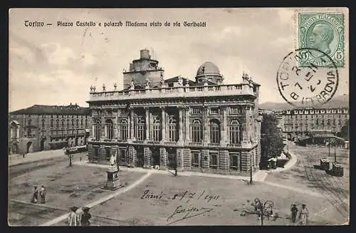 AK Torino, Piazza Castello e palazzo Madama visto da via Garibaldi, Strassenbahn
